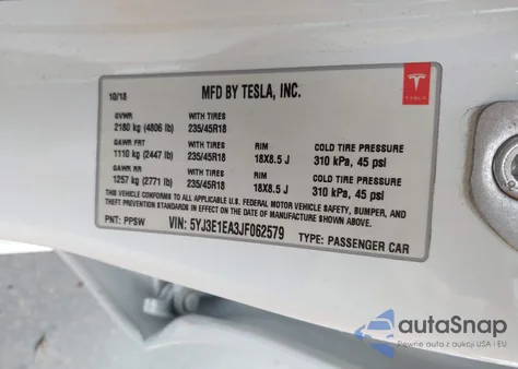 2018 Tesla Model 3 Long Range/Mid Range из США, поврежденный, VIN 5YJ3E1EA3JF062579